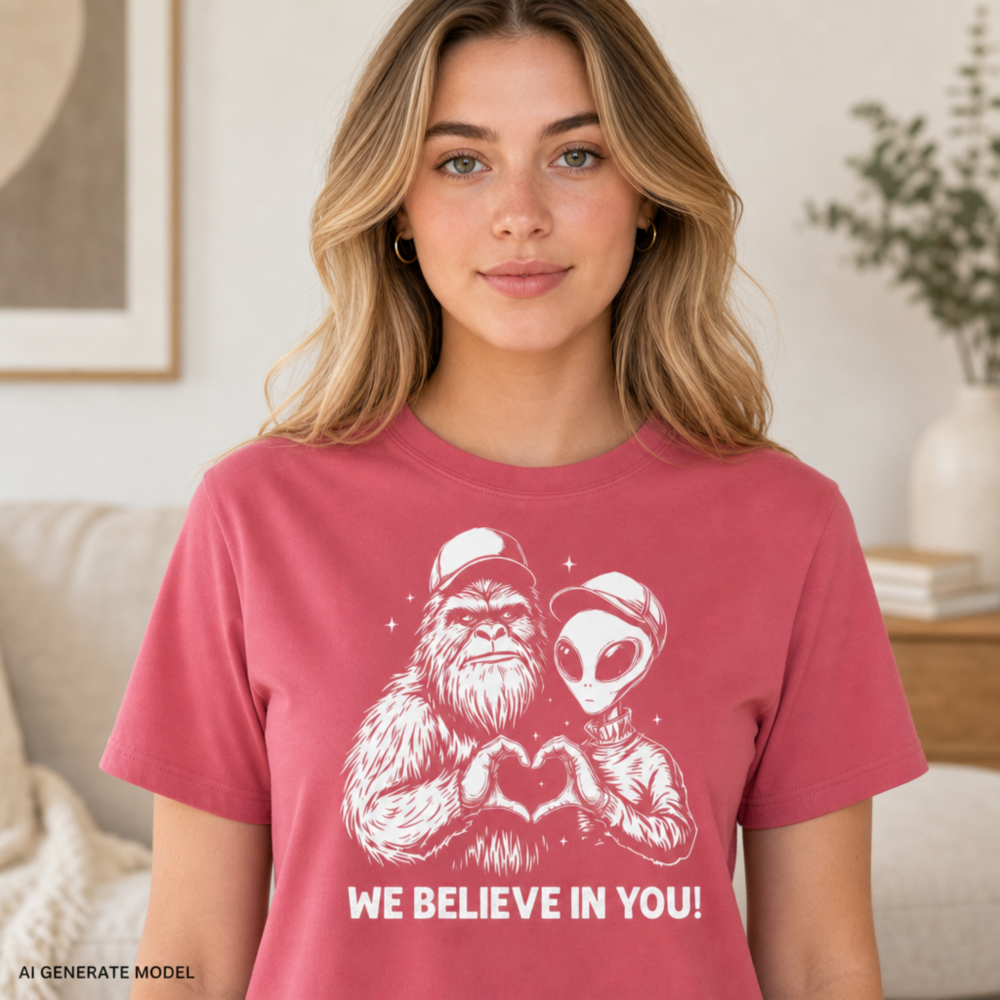 Bigfoot Alien Comfort Colors Shirt – We Believe In You Cryptid UFO Tee