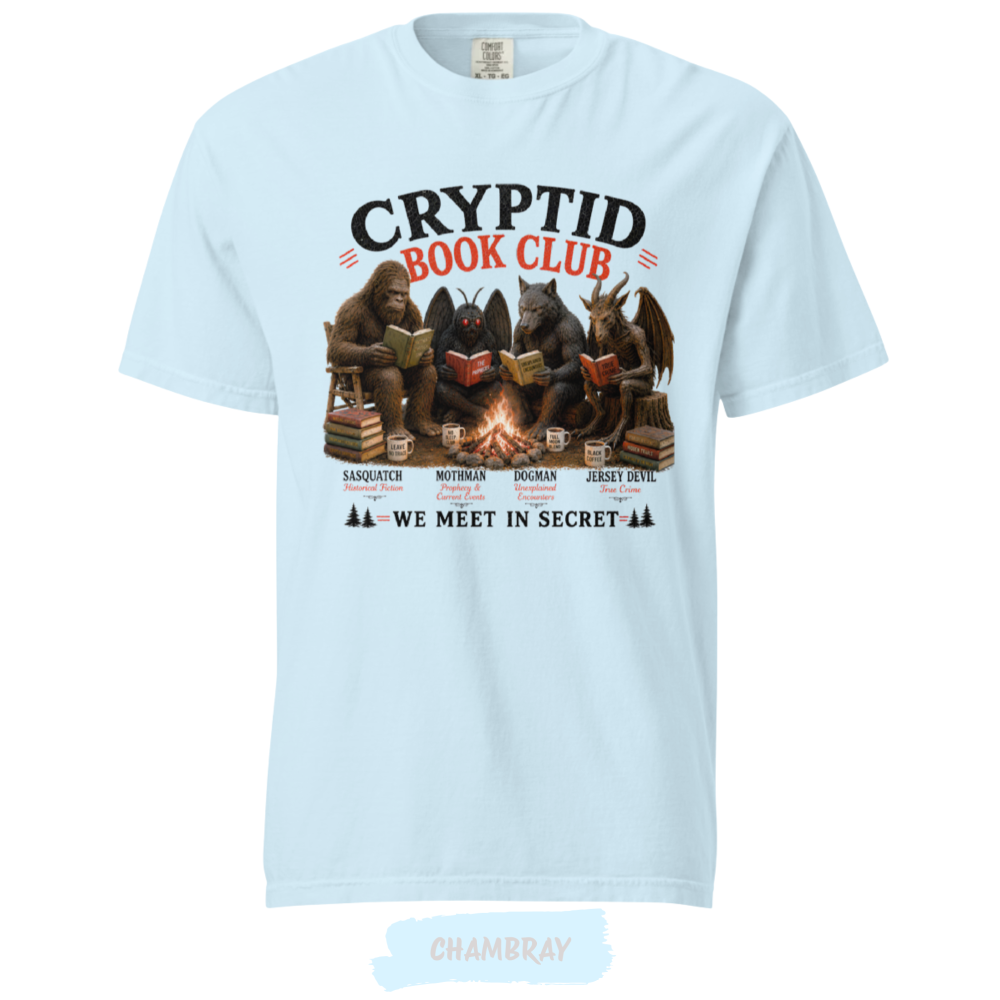 cryptid-book-club-tshirt-sasquatch-mothman-dogman-jersey-devil-chambray cryptid-book-club-tshirt-sasquatch-mothman-dogman-jersey-devil-chambray