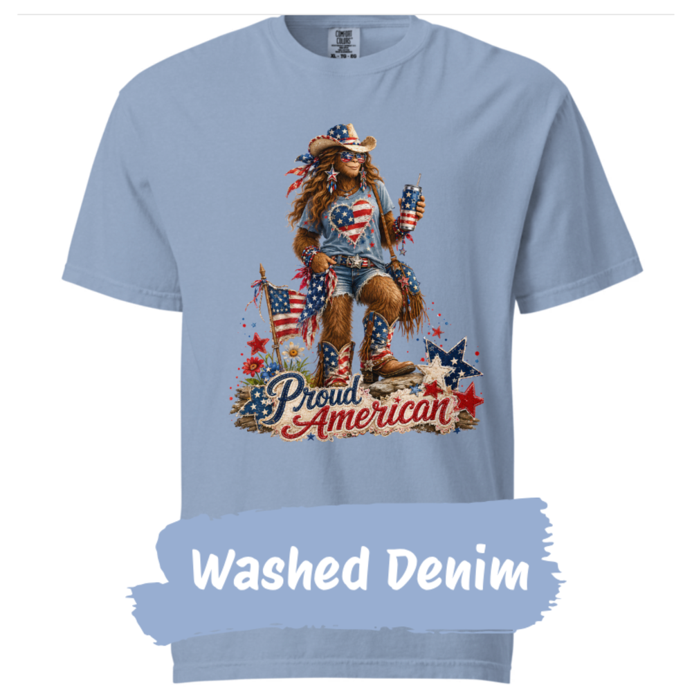 Patriotic Bigfoot Shirt-washed denim