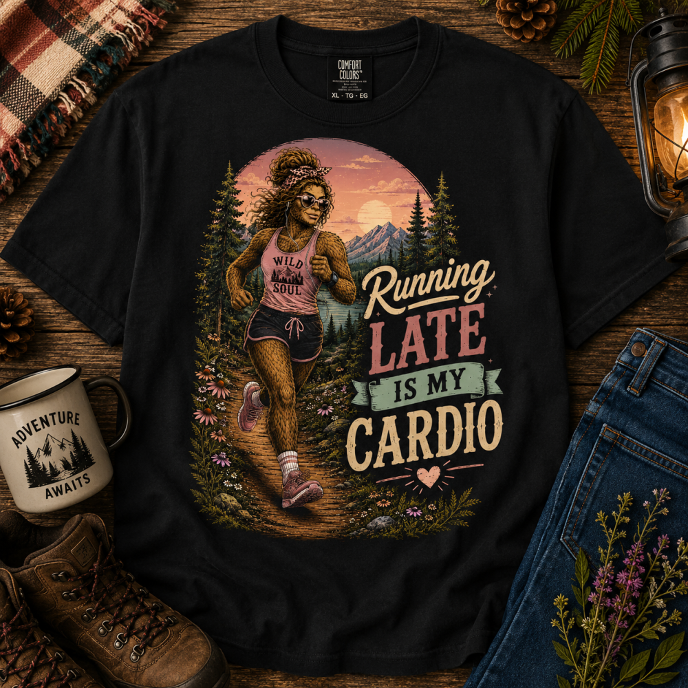 ChatGPT Image Aug 22, 2026, 06_21_47 PM Running Late Is My Cardio Bigfoot Shirt