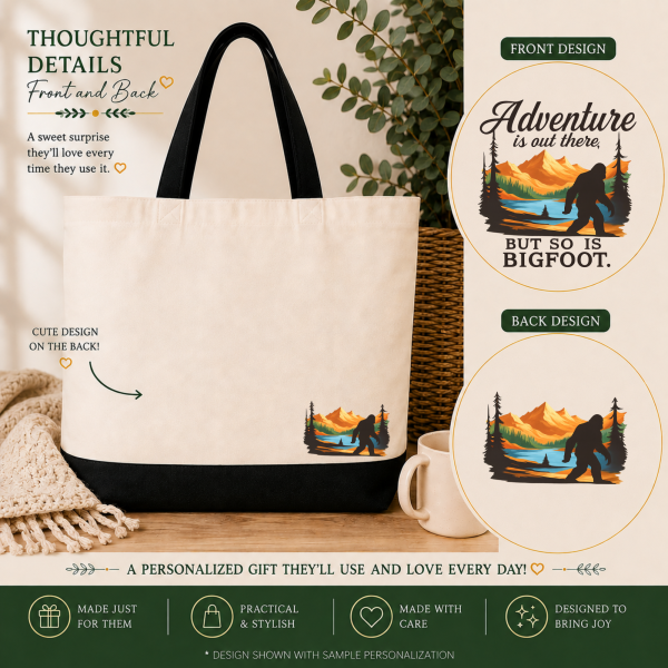 adventure bigfoot front and back Adventure Is Out There Bigfoot Adventure Tote Bag
