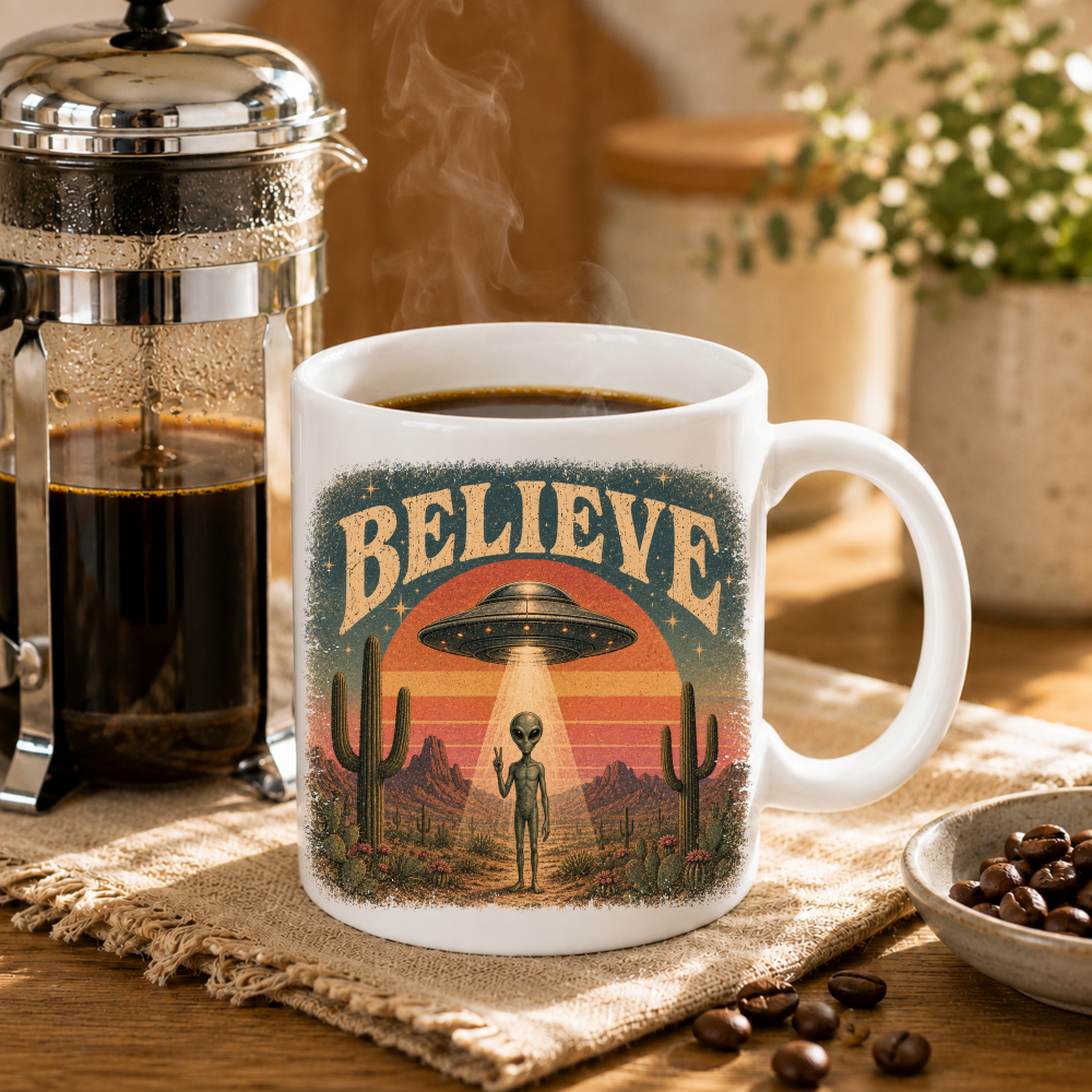 believe mock 1 Believe Alien Mug – 15 oz
