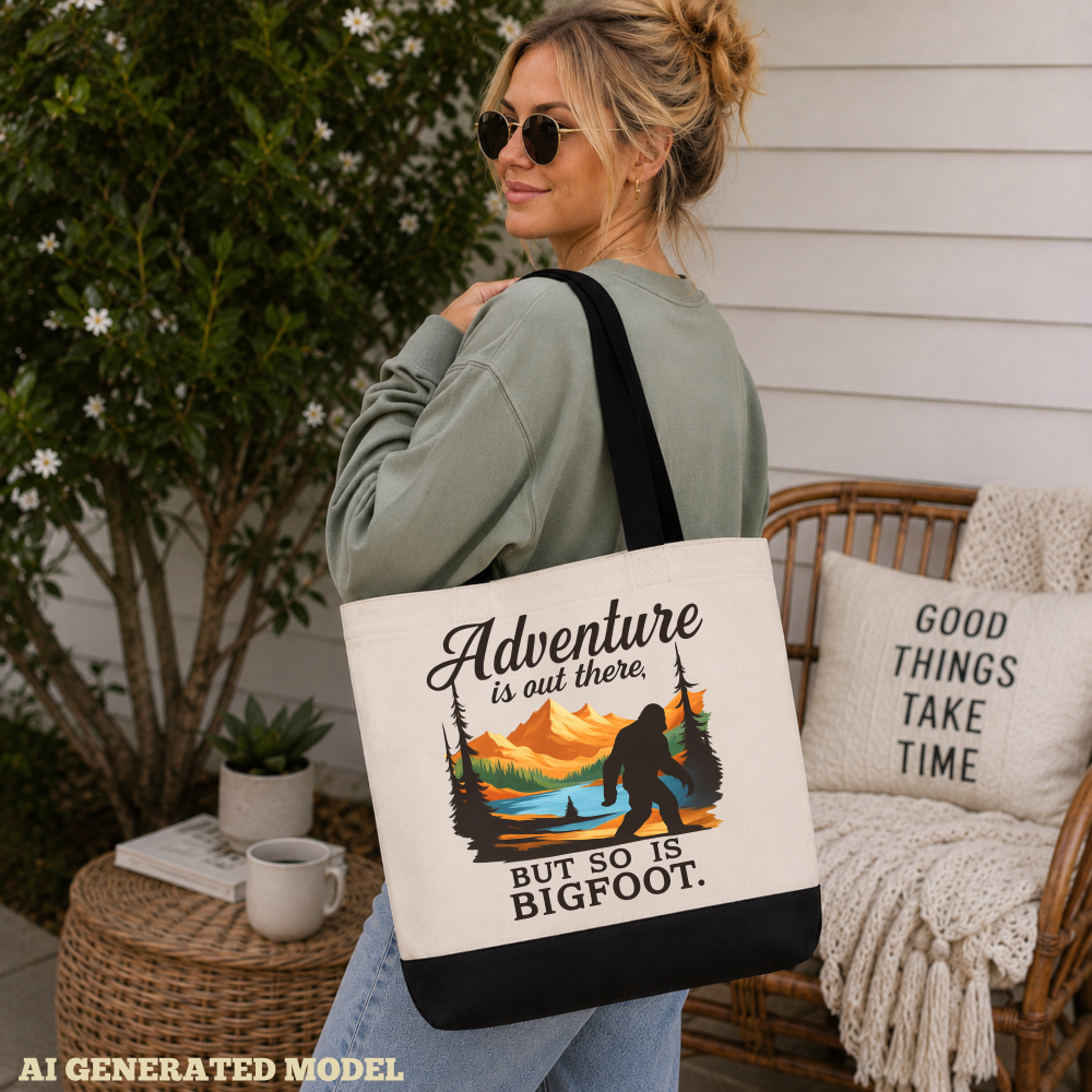 bigfoot adventure lifestyle mock Adventure Is Out There Bigfoot Gift Tote Bag