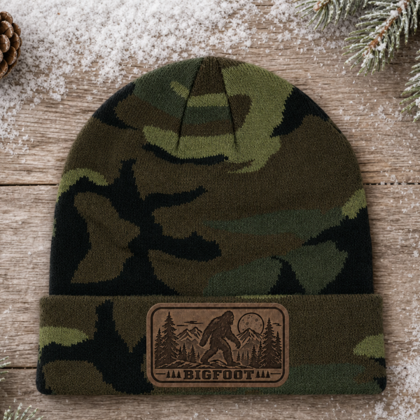 bigfoot beanie-flat lay-wood-background
