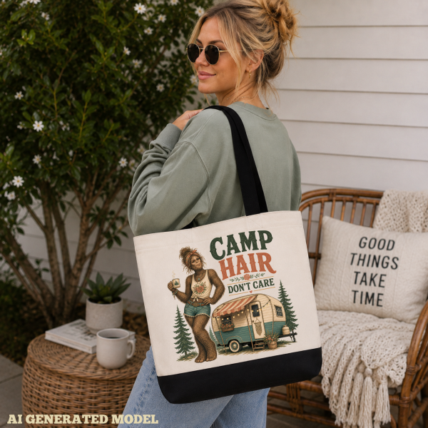 camp hair bigfoot lifestyle mock Camp Hair Bigfoot Tote Bag – Don’t Care Camping Sasquatch