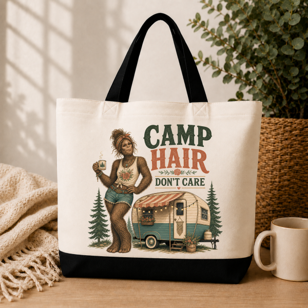 camp hair bigfoot listing image Camp Hair Bigfoot Tote Bag – Don’t Care Camping Sasquatch