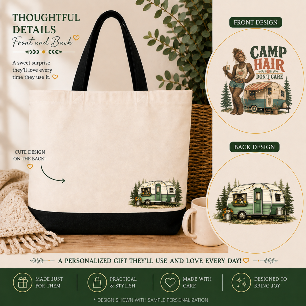 camp hair lady bigfoot front and back Camp Hair Bigfoot Tote Bag – Don’t Care Camping Sasquatch