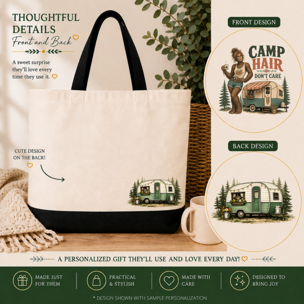 camp hair lady bigfoot front and back Camp Hair Bigfoot Tote Bag – Don’t Care Camping Sasquatch