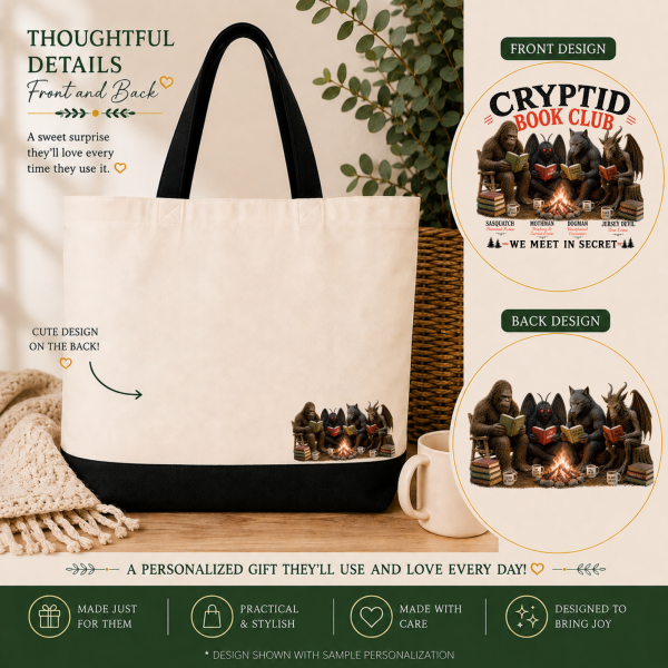 cryptid book club front and back Cryptid Book Club Tote Bag – We Meet in Secret