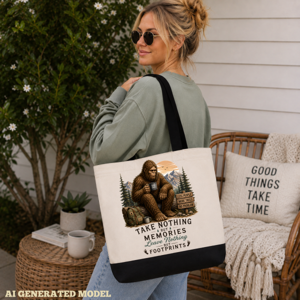 leave nothing but footprints lifestyle mock Take Nothing But Memories Bigfoot Footprints Tote Bag