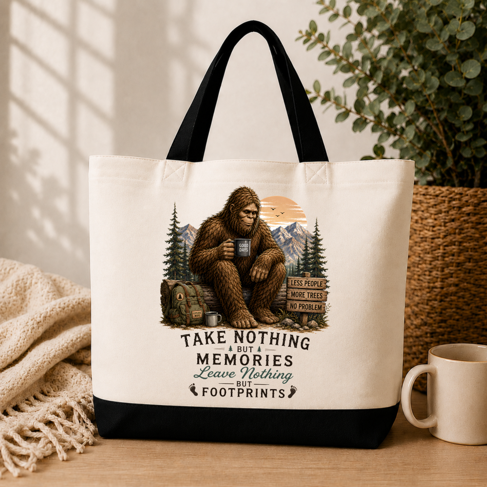 leave nothing but footprints listing image Take Nothing But Memories Bigfoot Footprints Tote Bag