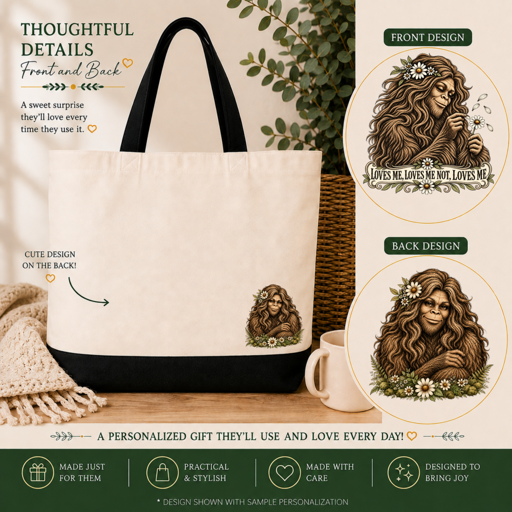 loves me bigfoot front and back Floral Bigfoot Tote Bag – Loves Me, Loves Me Not