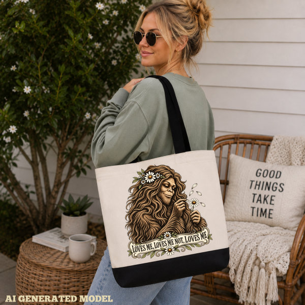 loves me bigfoot lifestyle mock Floral Bigfoot Tote Bag – Loves Me, Loves Me Not