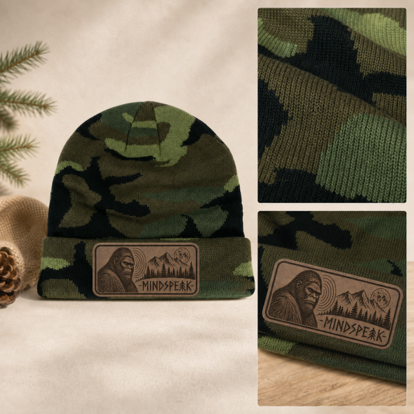 mindspeak beanie close up Mindspeak Bigfoot Beanie – Camo Cryptid Hat