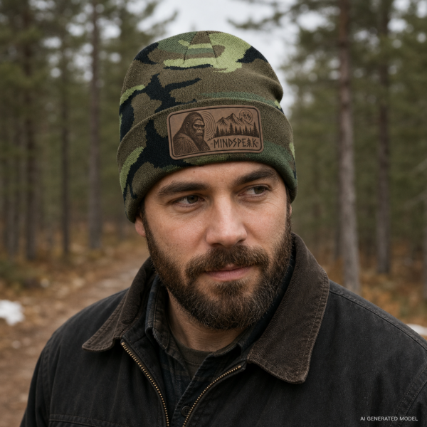 mindspeak beanie lifestyle male in woods Mindspeak Bigfoot Beanie – Camo Cryptid Hat
