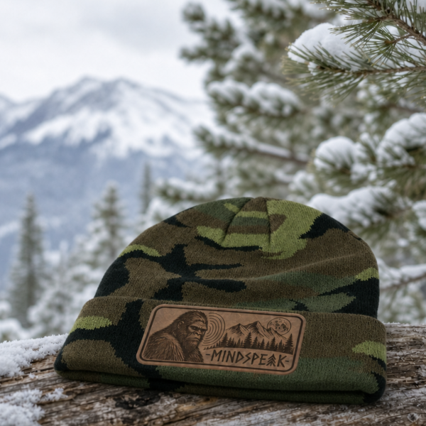 mindspeak beanie on log Mindspeak Bigfoot Beanie – Camo Cryptid Hat