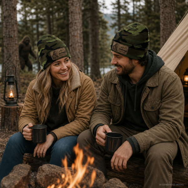 mindspeak campers bigfoot is watching Mindspeak Bigfoot Beanie – Camo Cryptid Hat