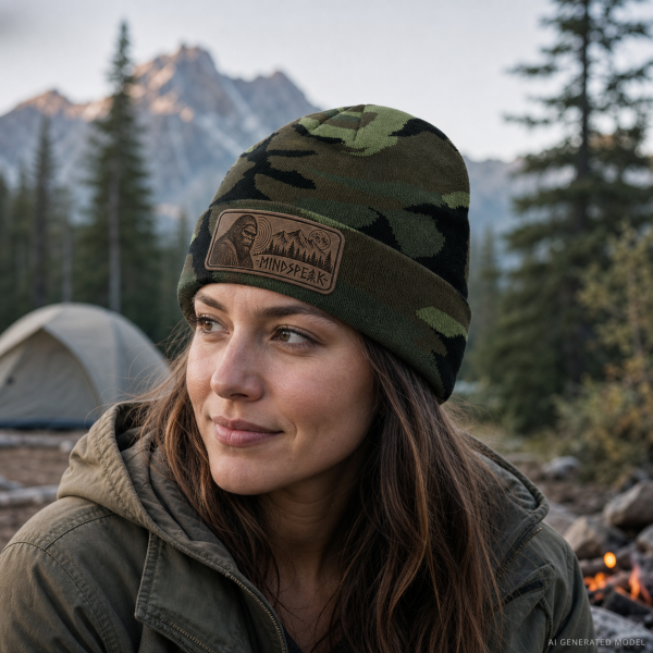 mindspeak lifestyle female camper Mindspeak Bigfoot Beanie – Camo Cryptid Hat
