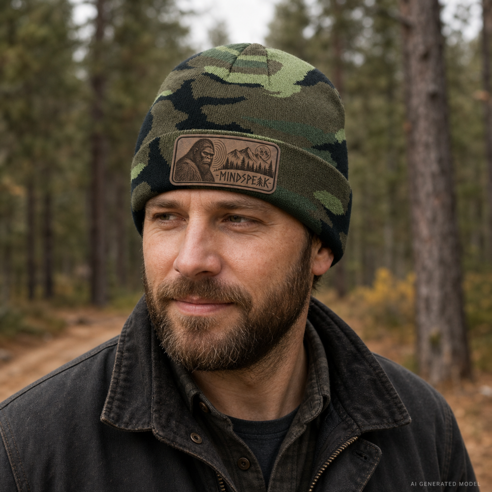 mindspeak lifestyle male woods 2 Mindspeak Bigfoot Beanie – Camo Cryptid Hat
