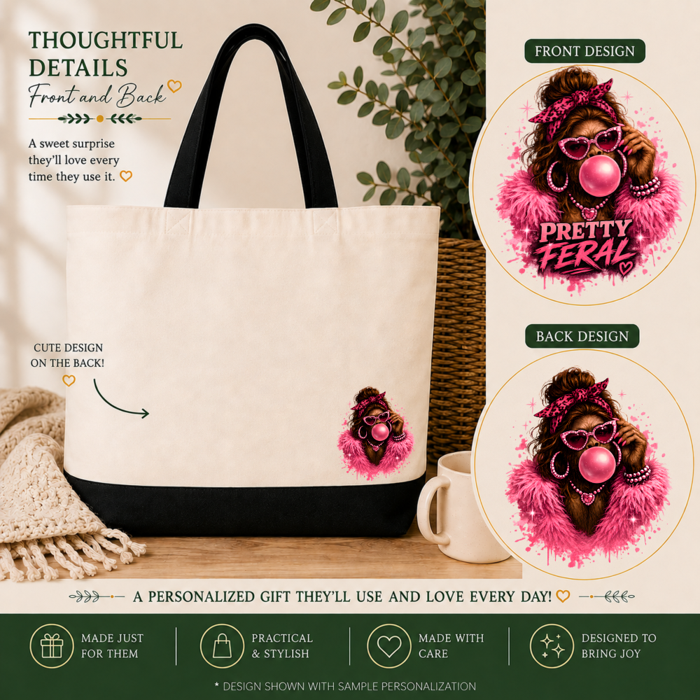 pretty feral bigfoot front and back Pretty Feral Bigfoot Tote Bag – Pink Female Sasquatch Gift