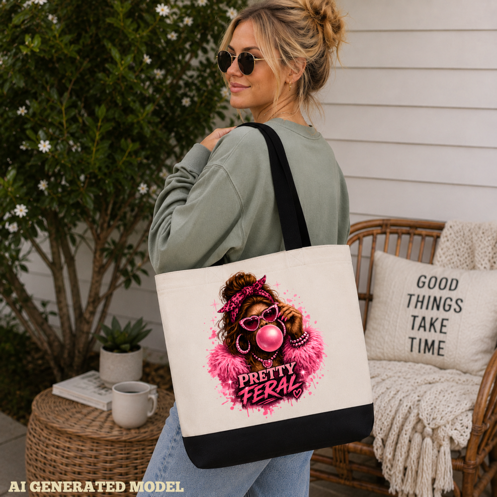 pretty feral lady bigfoot lifestyle mock Pretty Feral Bigfoot Tote Bag – Pink Female Sasquatch Gift