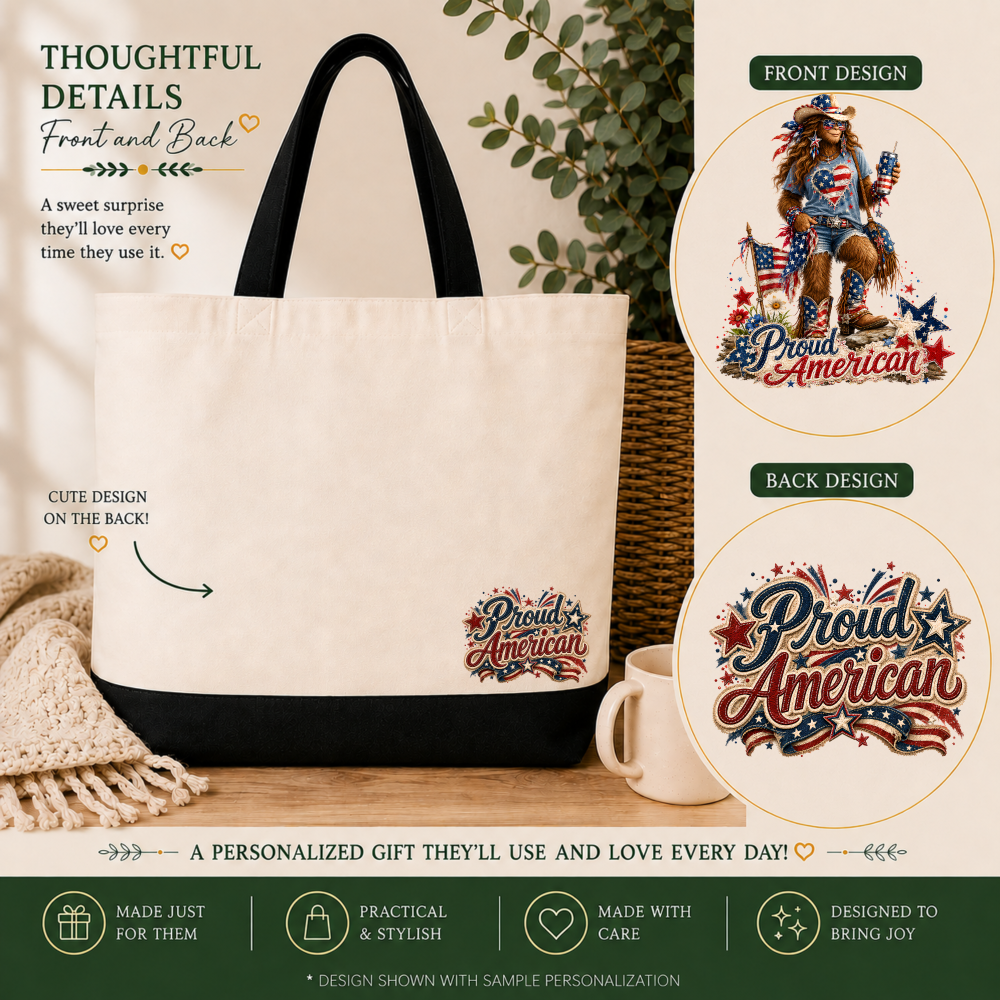 proud american bigfoot front and back Proud American Bigfoot Tote Bag – Patriotic Sasquatch Gift