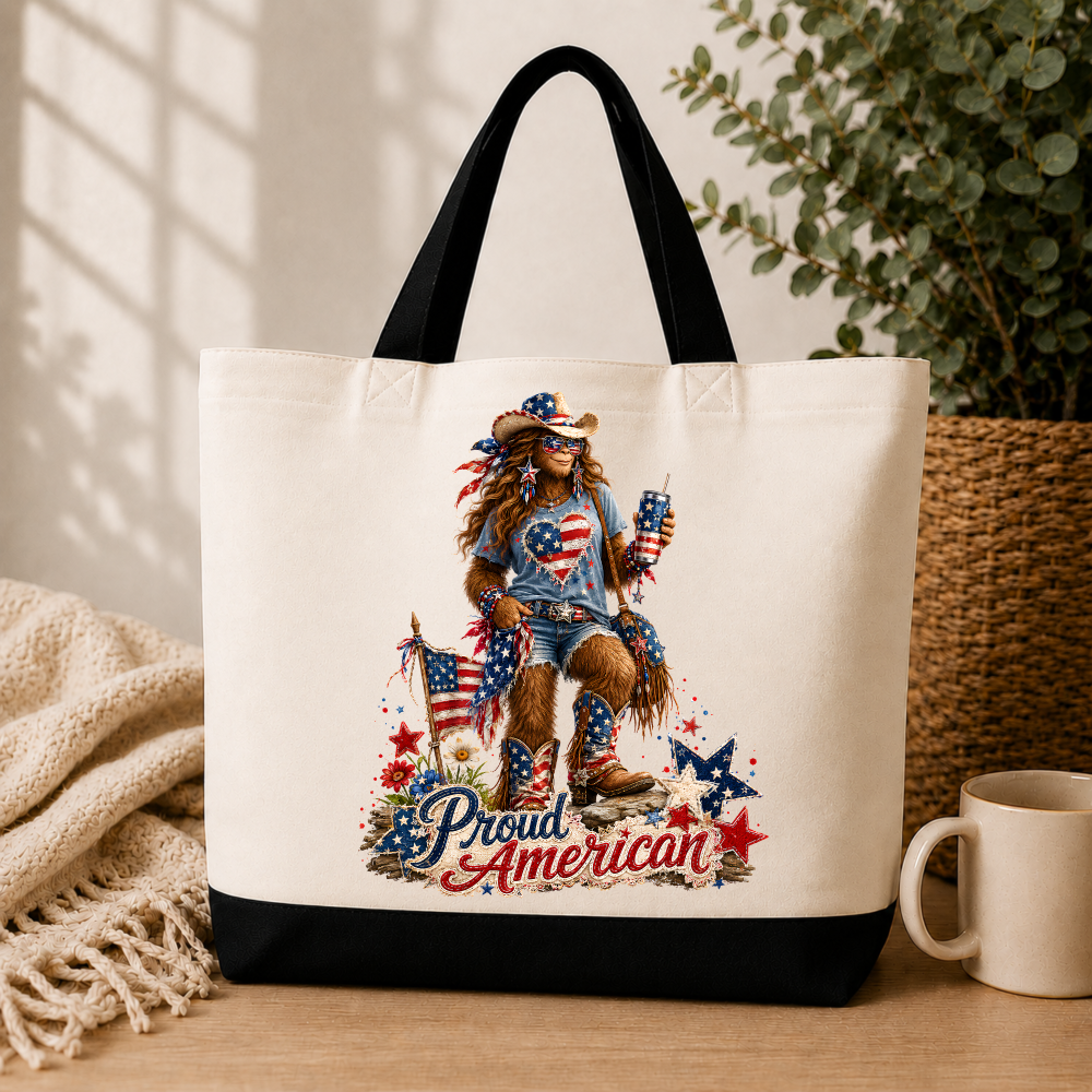 proud american lady bigfoot listing image Proud American Bigfoot Tote Bag – Patriotic Sasquatch Gift