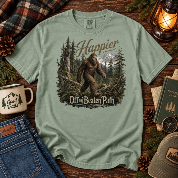 Happier Off the Beaten Path Bigfoot Sasquatch graphic tee Happier Off the Beaten Path Bigfoot Sasquatch graphic tee
