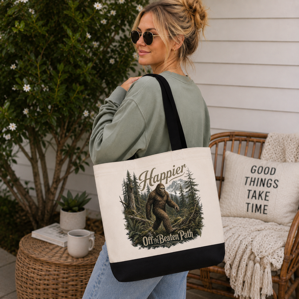 happier off the beaten path mock Happier Off the Beaten Path Bigfoot Sasquatch Tote Bag