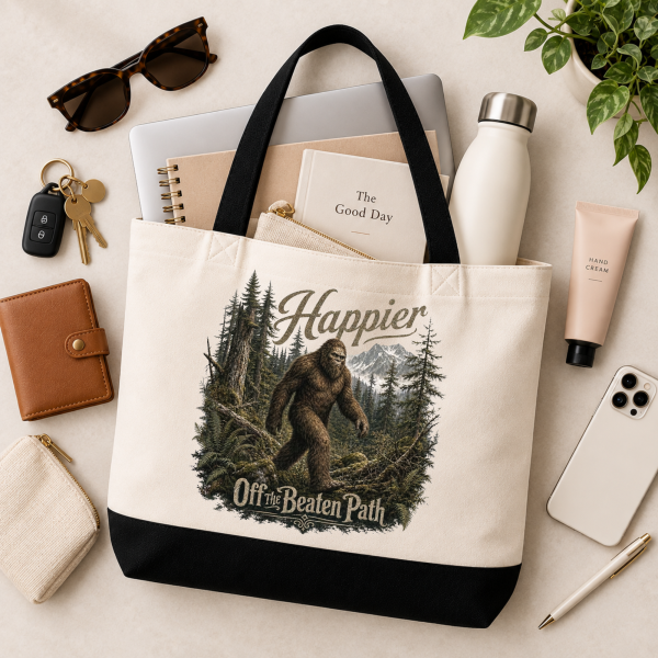 happier off the beaten path mock.1 Happier Off the Beaten Path Bigfoot Sasquatch Tote Bag