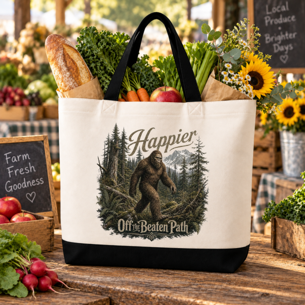 happier off the beaten path mock.2 Happier Off the Beaten Path Bigfoot Sasquatch Tote Bag