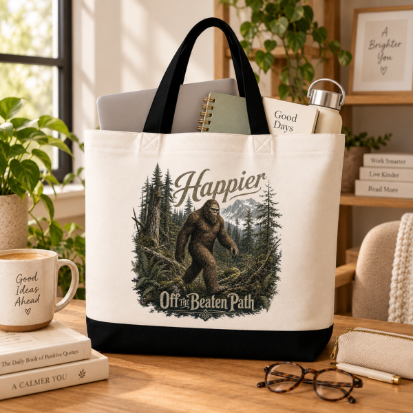 happier off the beaten path mock.3 Happier Off the Beaten Path Bigfoot Sasquatch Tote Bag
