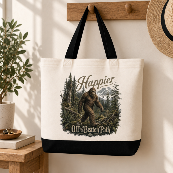 happier off the beaten path mock.4 Happier Off the Beaten Path Bigfoot Sasquatch Tote Bag