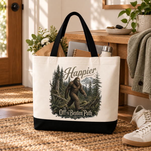 happier off the beaten path mock.5 Happier Off the Beaten Path Bigfoot Sasquatch Tote Bag