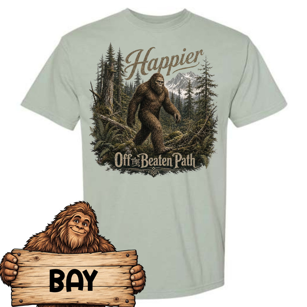 happier off the beaten path.bay Bigfoot Sasquatch Graphic Tee | Happier Off the Beaten Path