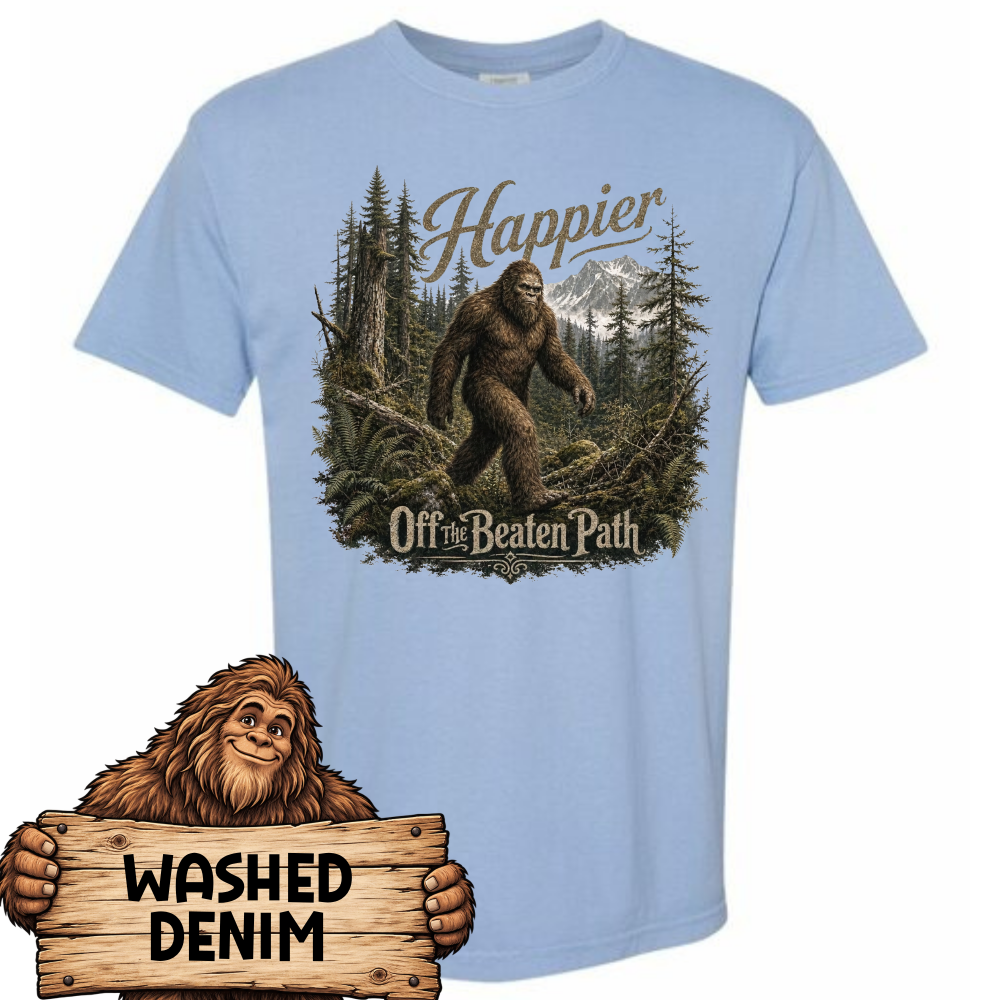 happier off the beaten path.washed denim Bigfoot Sasquatch Graphic Tee | Happier Off the Beaten Path