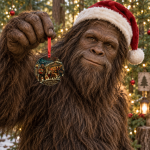 Bigfoot Christmas ornament with Christmas Takes All Kinds artwork showing Sasquatch carrying gifts outside Santa’s workshop